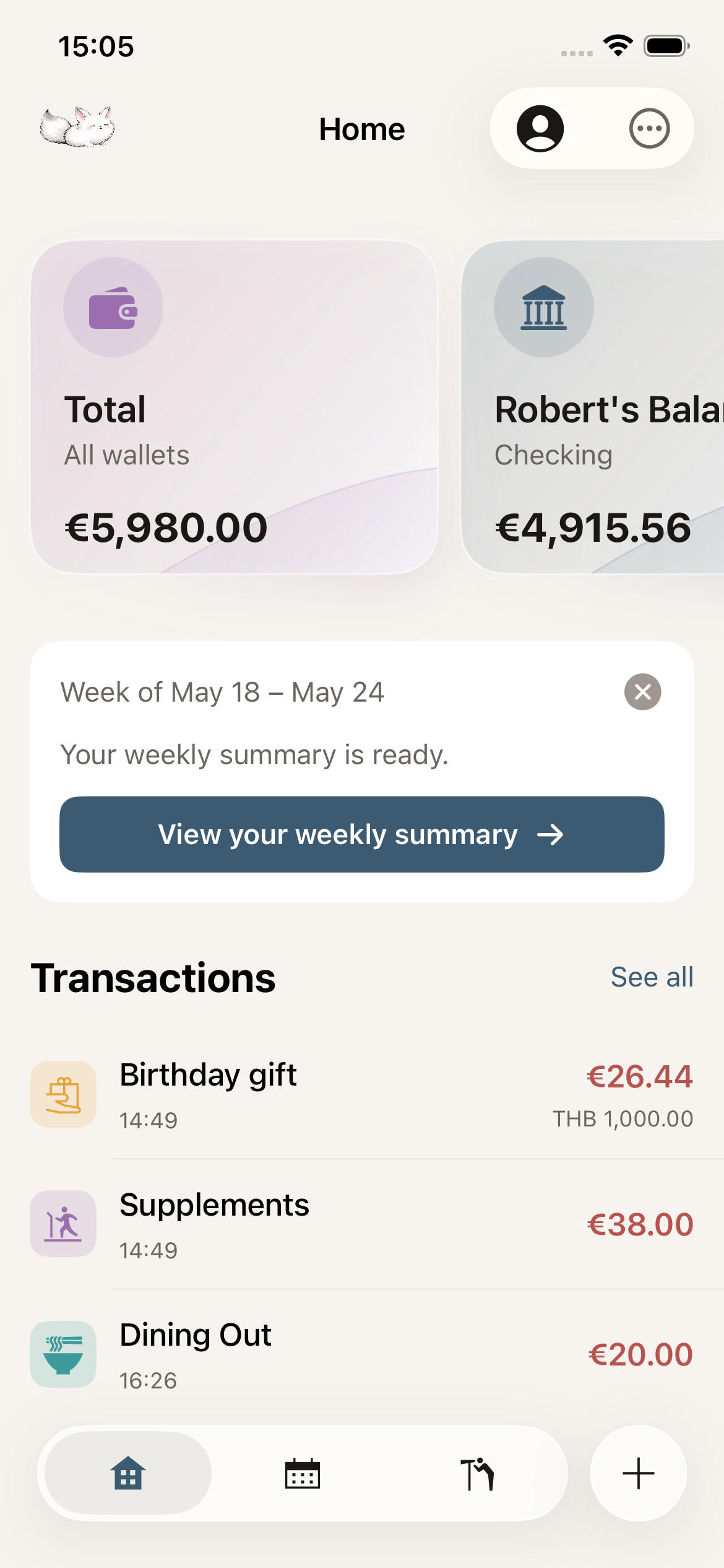 Yobi home screen showing wallet balance and transactions