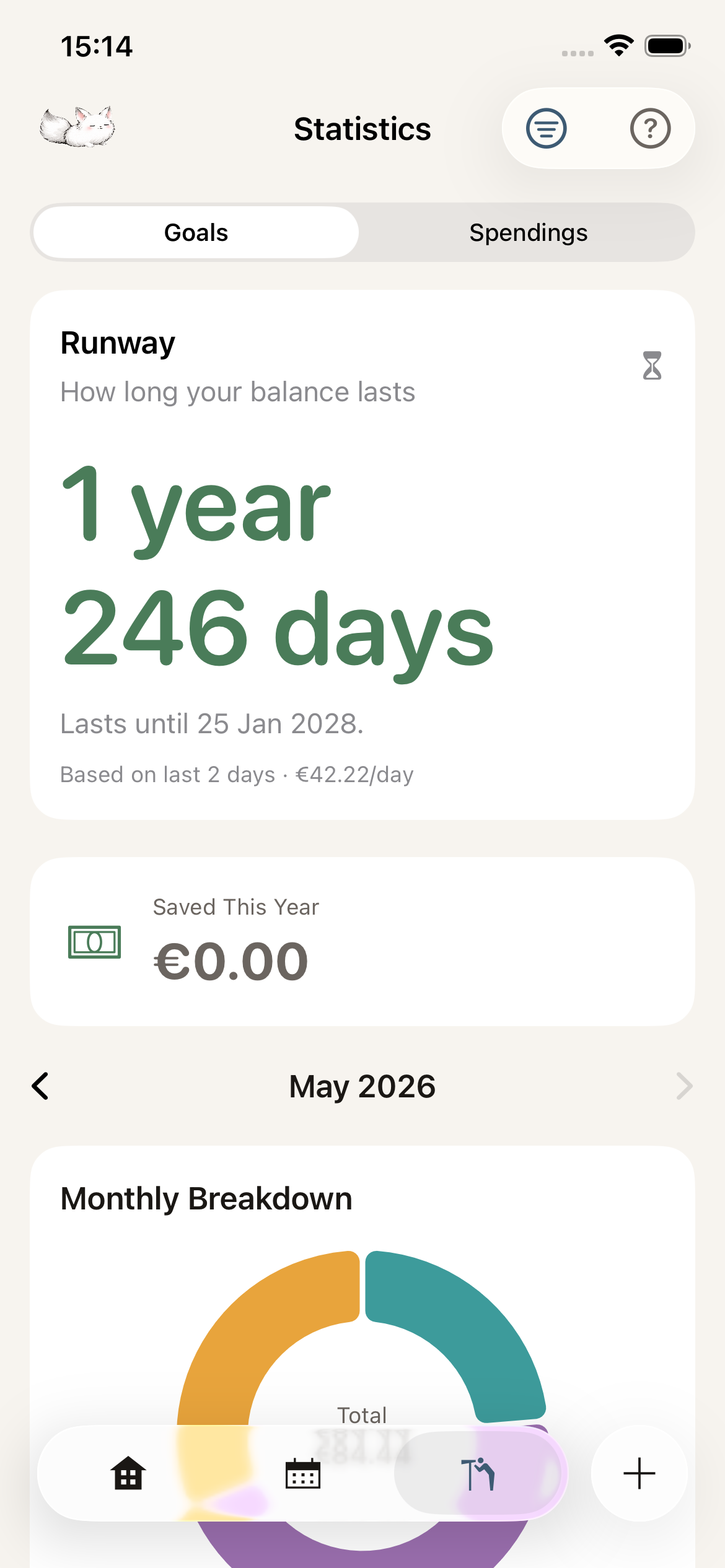 Yobi runway screen showing days of runway and balance chart